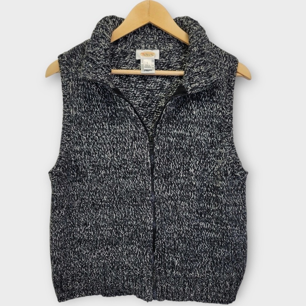 Talbots Full Zip‎ Sweater Vest Womens Large Black White Marled Knit Mock Neck